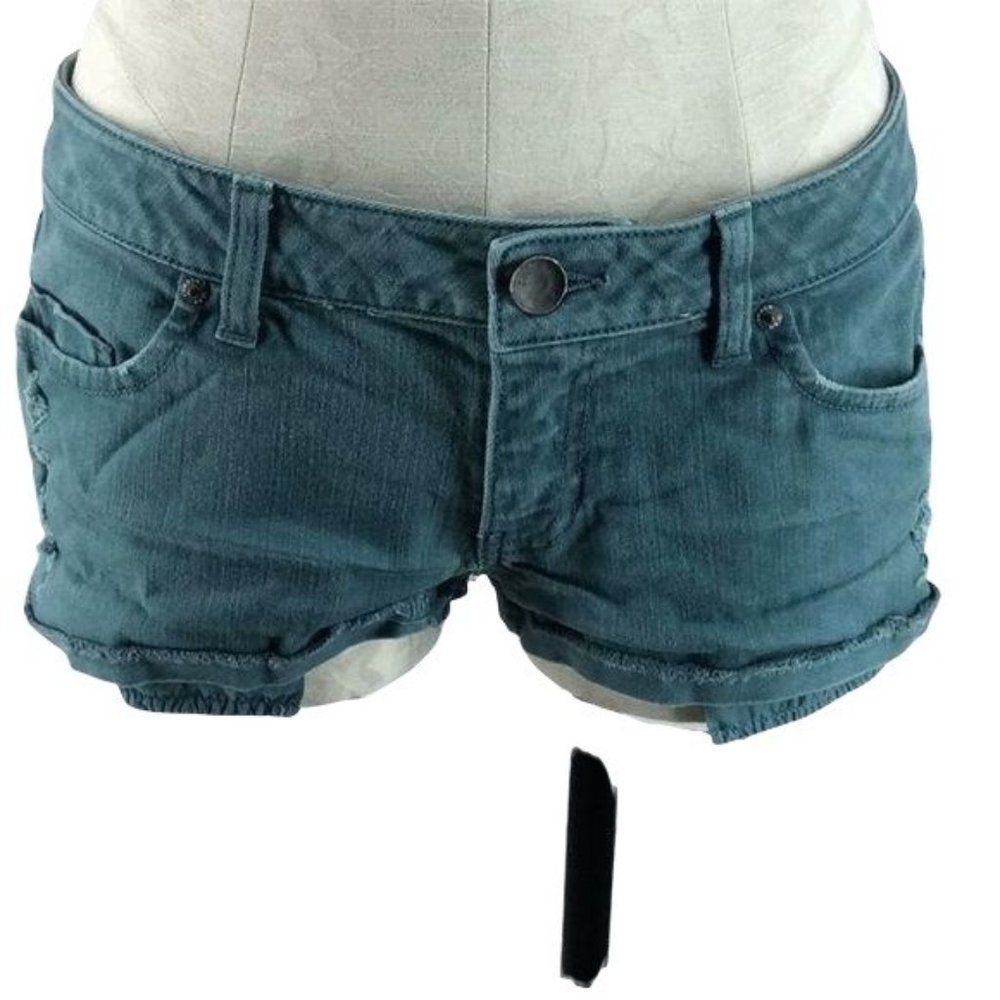 London Jeans VS Cheeky Short Shorts Distressed Green Size 8 Low Rise Raw Hem